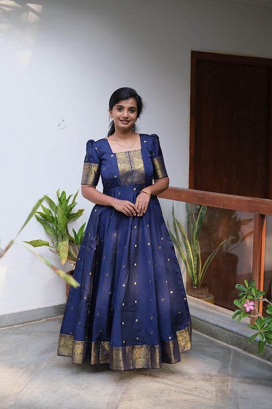 Royal blue banarasi silk maxi dress with gold zari border and square neck