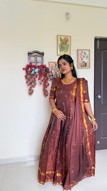 Full length view of coffee brown silk maxi dress with dupatta and puff sleeves
