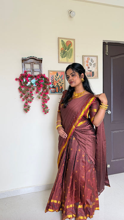Coffee brown multiwear ethnic maxi dress draped as a fusion saree with matching fabric belt