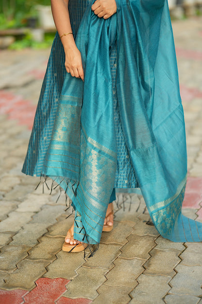 Close-up of matching dupatta border and pants hem