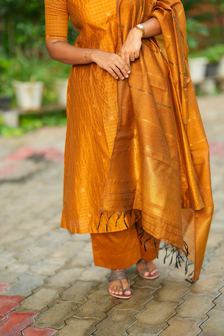Close up of tassel border on zari woven dupatta with raw silk suit set