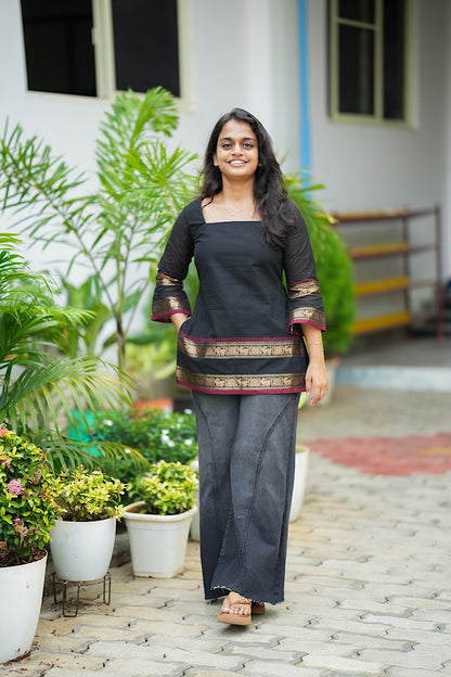 Black Chettinad cotton top with traditional gold zari border and bell sleeves