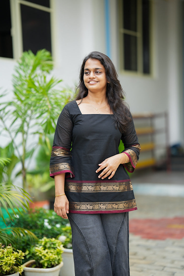 Black Chettinad cotton short top featuring a square neckline and 3/4 sleeves