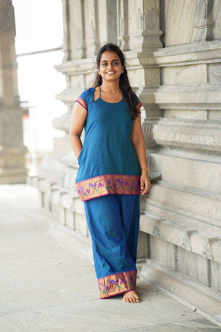 Peacock blue paithani border co ord set featuring short tunic top and wide leg palazzo pants