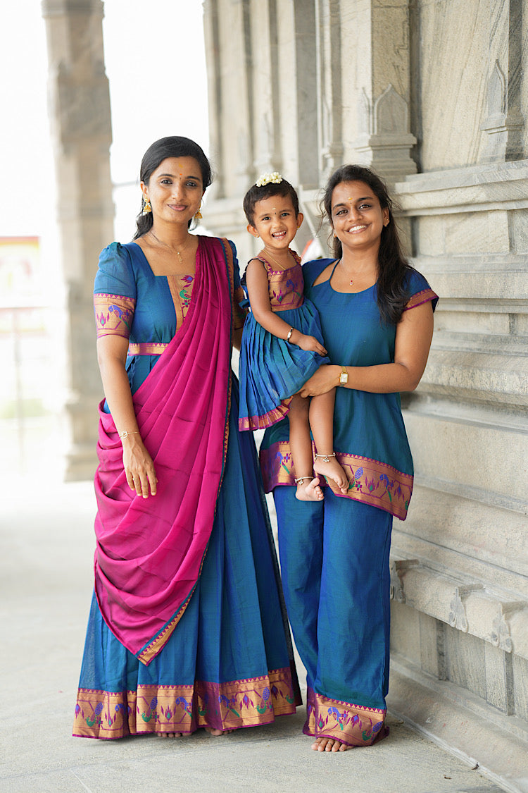 Peacock blue paithani border co ord set shown alongside matching ethnic outfits