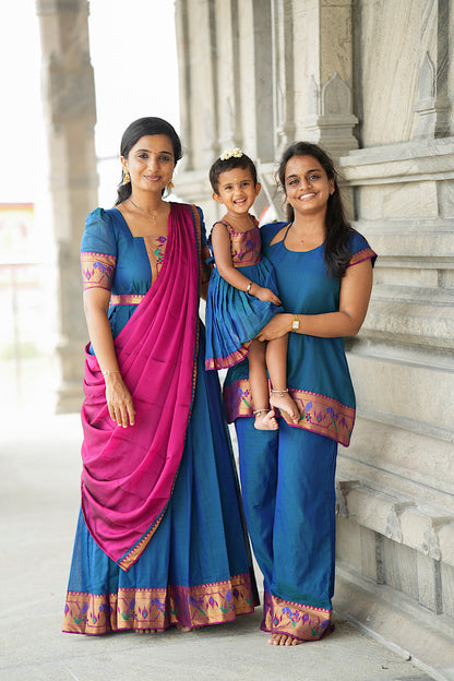 Peacock blue paithani border co ord set shown alongside matching ethnic outfits