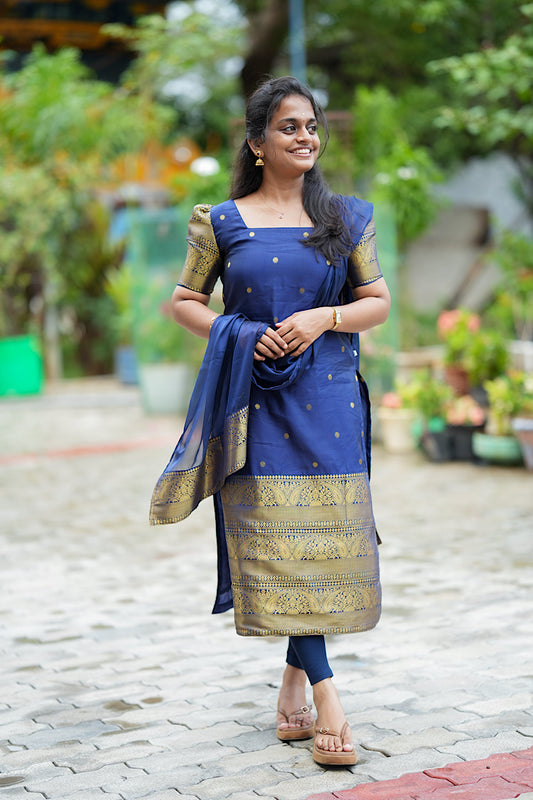 Royal blue banarasi silk kurti set with gold zari border and puff sleeves