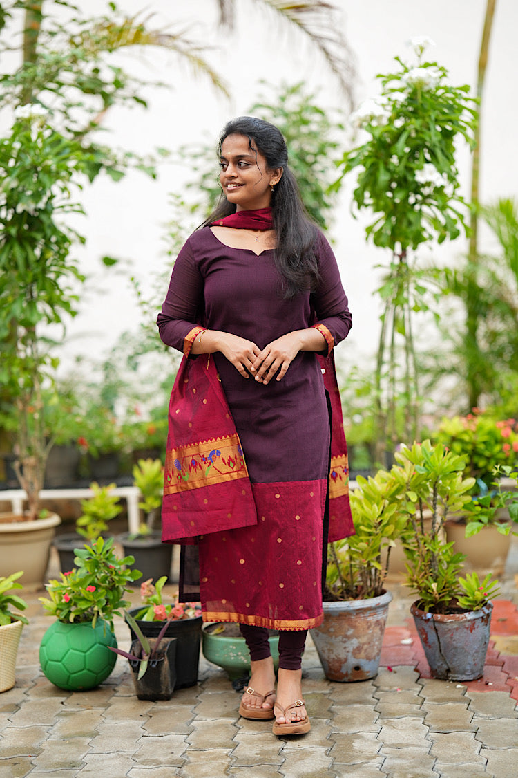 Full-length view of deep wine straight fit kurta featuring paithani woven border
