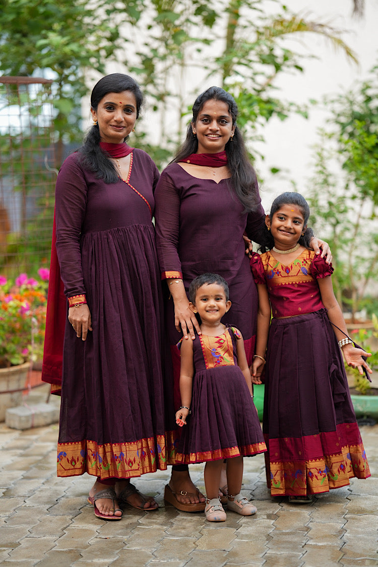 Matching family festive collection featuring paithani kurta with dupatta and kids ethnic wear