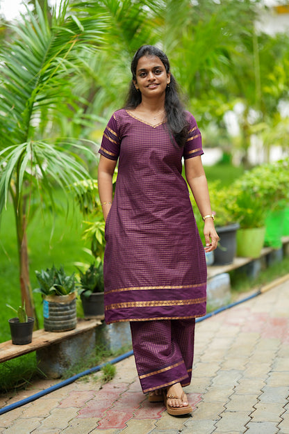 Wine silk kurti set featuring short sleeves with zari borders and side pockets