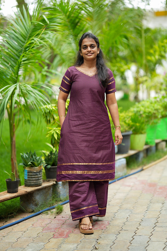 Wine Aarani checks co ord set with gold zari border hem and leaf V-neckline