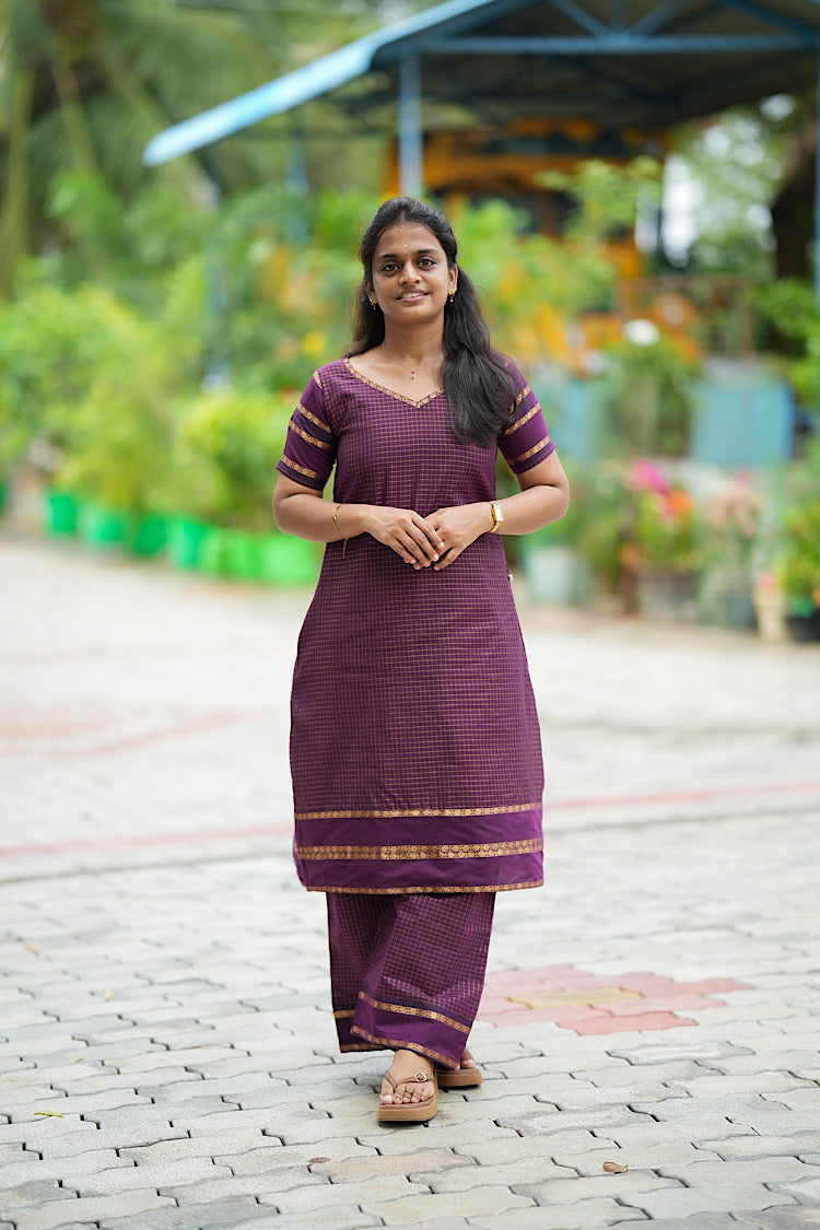 Full length view of wine ethnic co ord set for women paired with wide leg pants