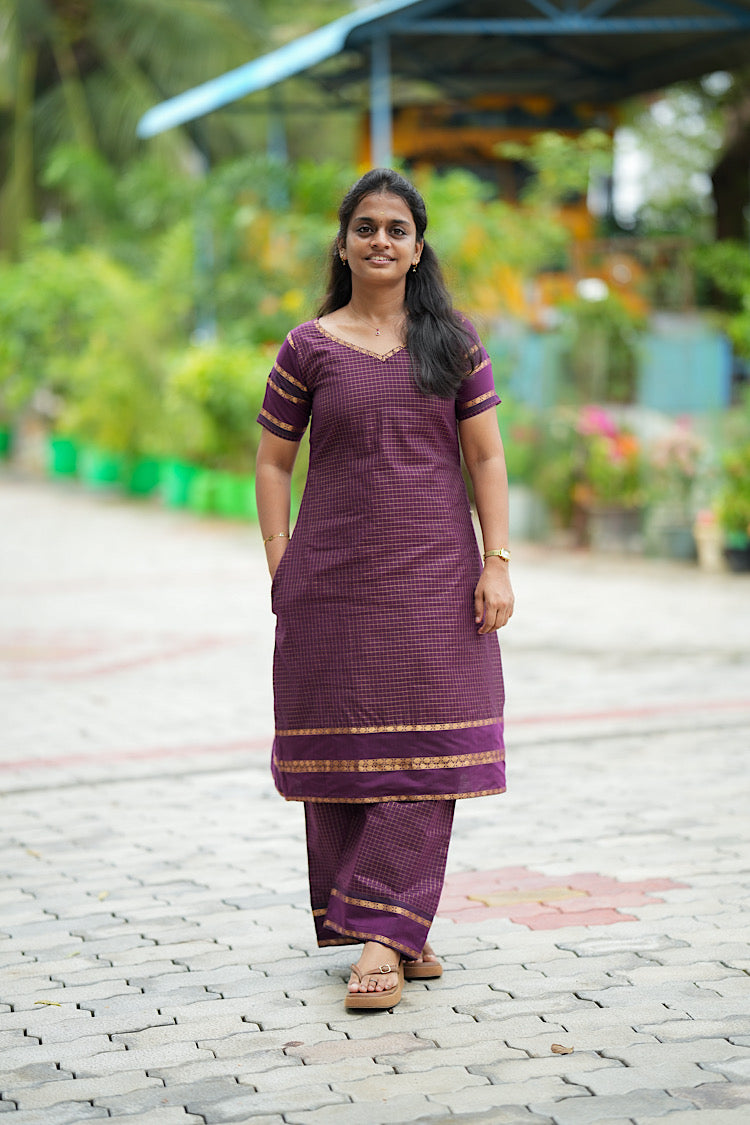 Wine red silk checks tunic top and pant set with woven gold zari details