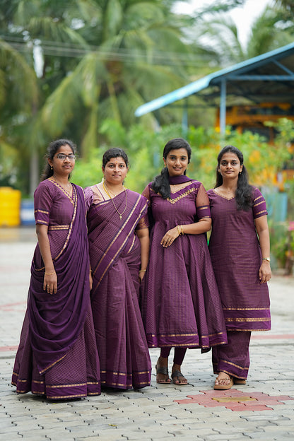 Group shot featuring wine red Aarani silk check festive collection outfits