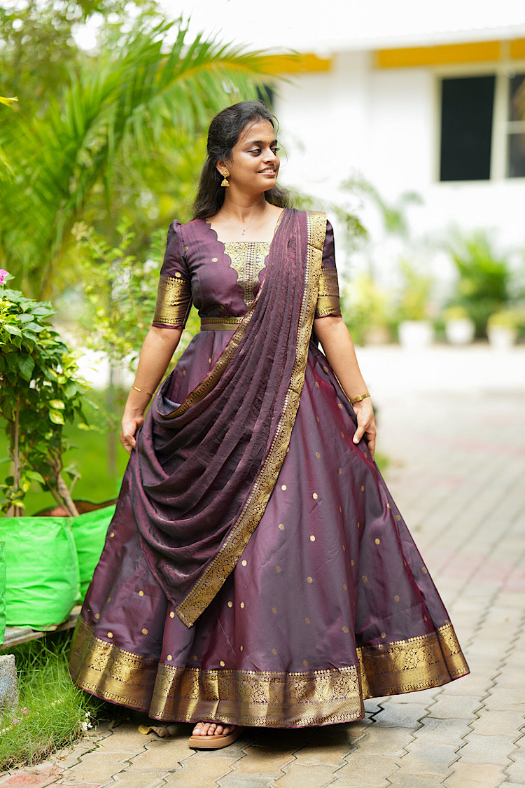 Mayuri - Maroon Banarasi Silk Multiwear Maxi Dress
