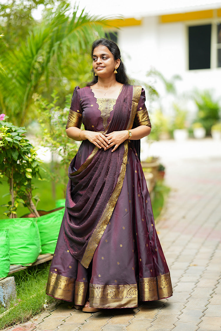 Mayuri - Maroon Banarasi Silk Multiwear Maxi Dress