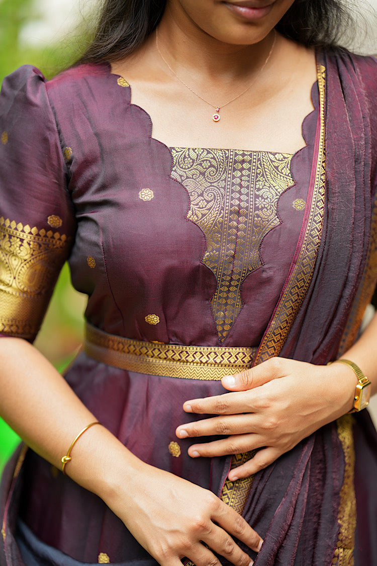 Mayuri - Maroon Banarasi Silk Multiwear Maxi Dress