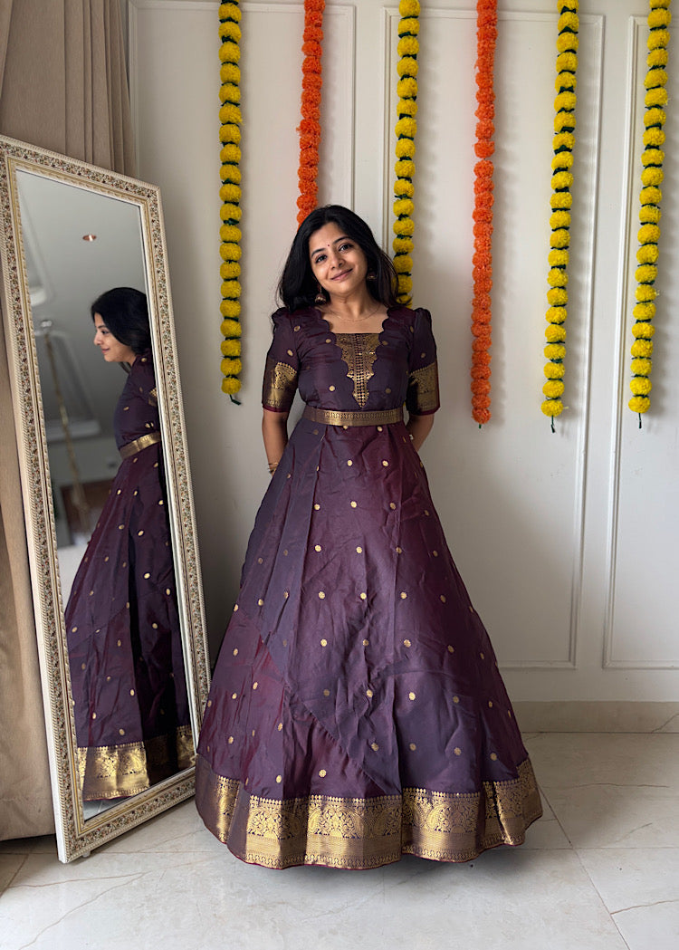 Mayuri - Maroon Banarasi Silk Multiwear Maxi Dress