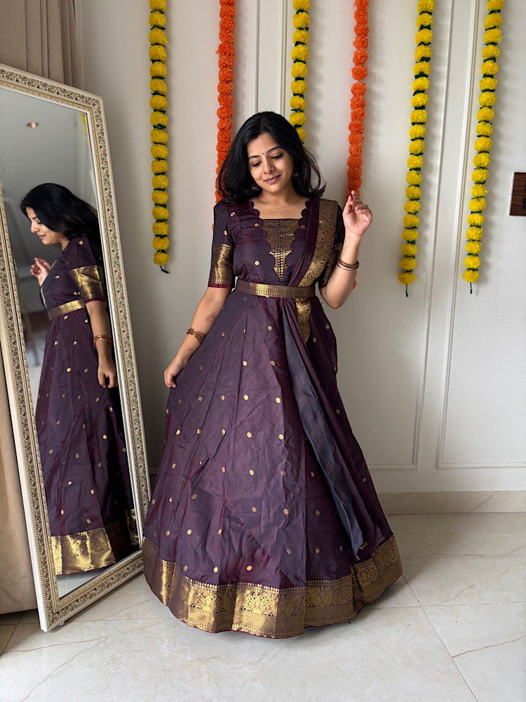 Mayuri - Maroon Banarasi Silk Multiwear Maxi Dress