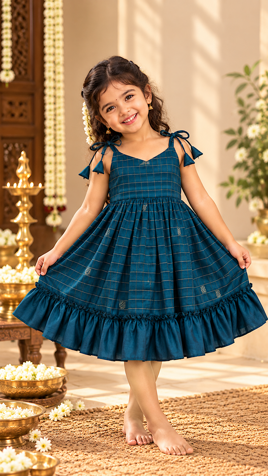 Idhalya - Teal Blue Checked Raw Silk Kids Frock