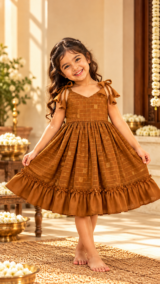 Little girl wearing mustard yellow baby girl silk frock with pleated skirt