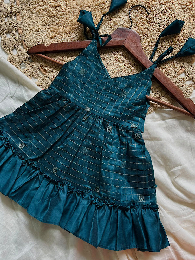 Idhalya - Teal Blue Checked Raw Silk Kids Frock
