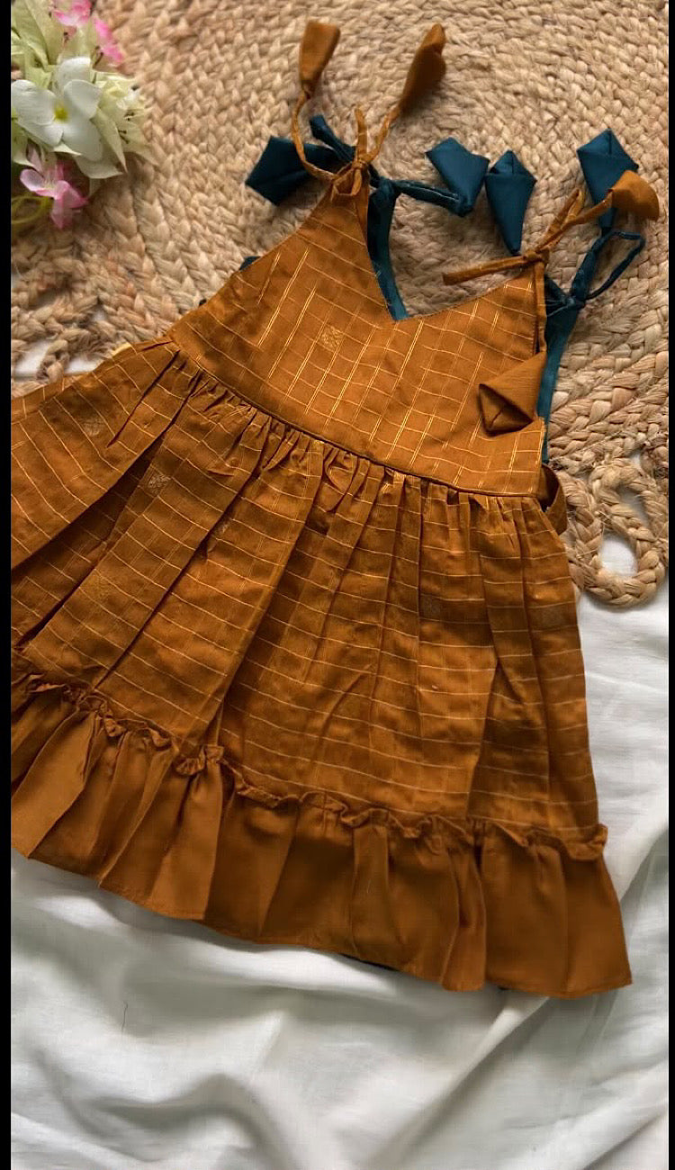 baby girl silk frock - Mustard yellow checked raw silk frock with shoulder tie-ups and ruffled hem