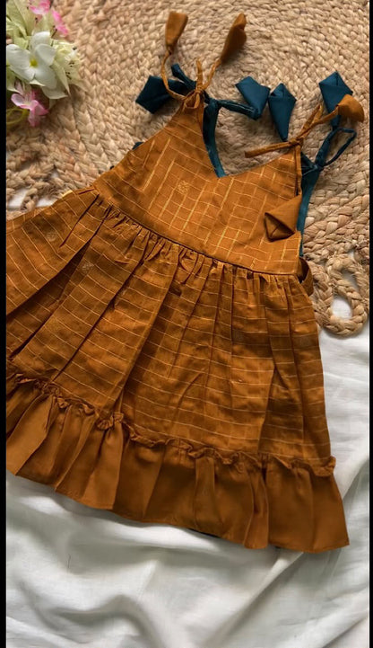 baby girl silk frock - Mustard yellow checked raw silk frock with shoulder tie-ups and ruffled hem