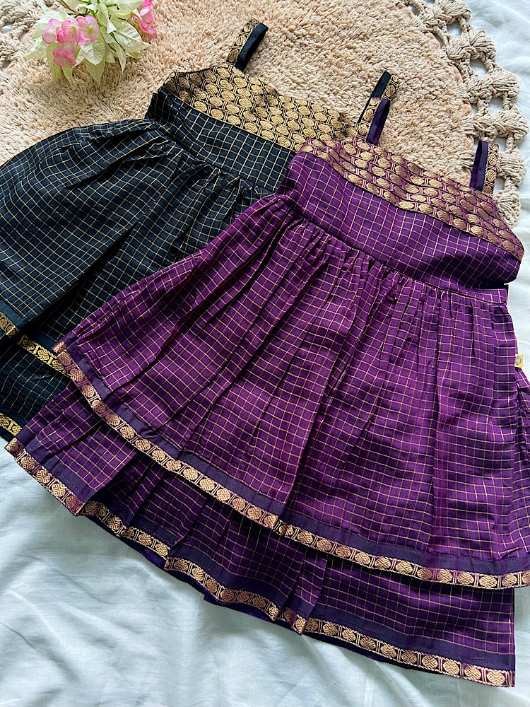Wine and dark blue kids silk frocks with gold zari check pattern