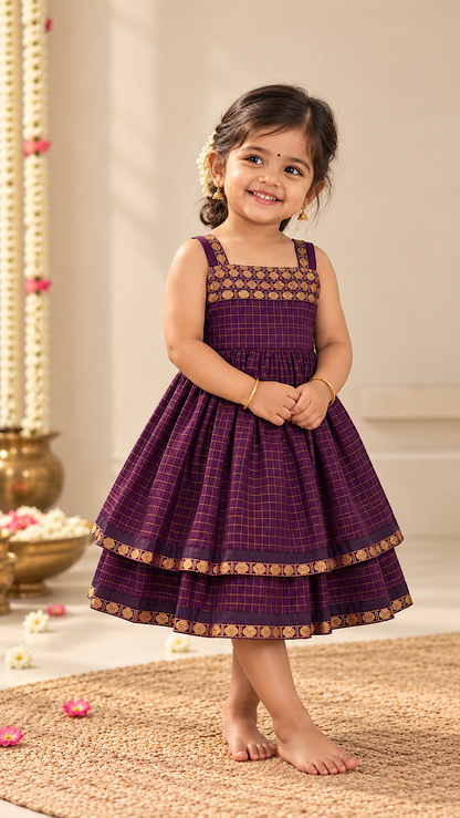 kids silk frock - Little girl wearing wine coloured baby girl silk frock with gold zari checks