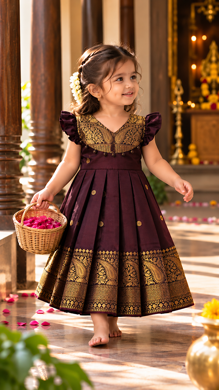 banarasi silk frock for baby girl in coffee brown with golden zari weave and ruffle sleeves