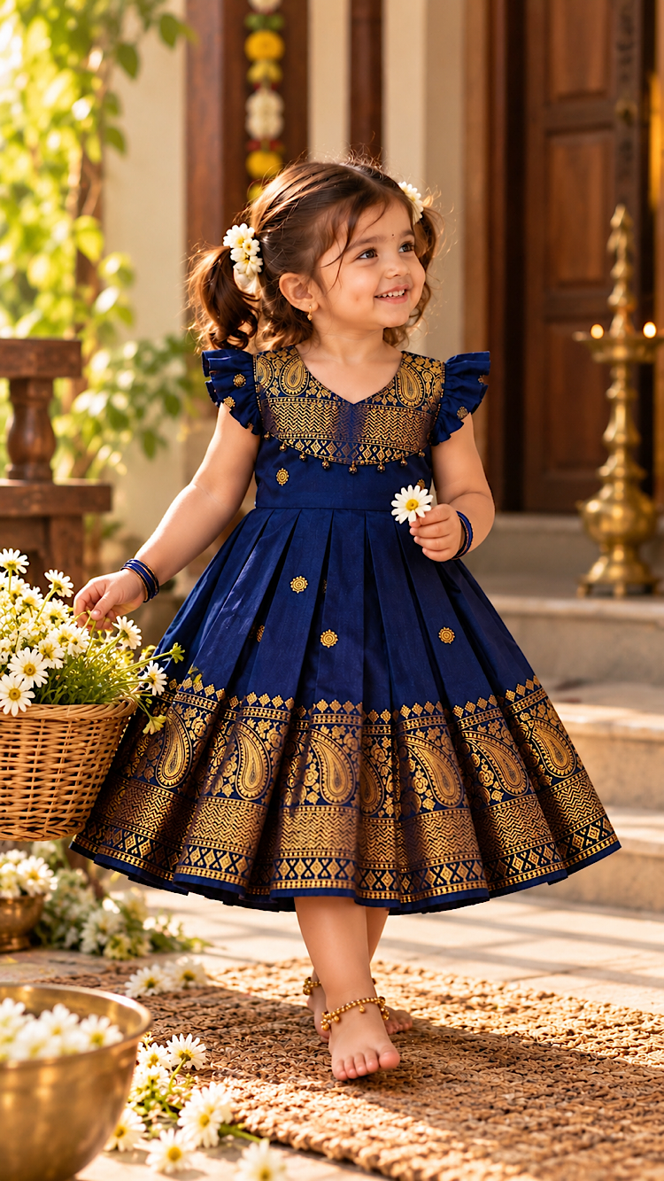 Royal blue banarasi silk frock for baby girl with gold zari pleated skirt and ruffle sleeves