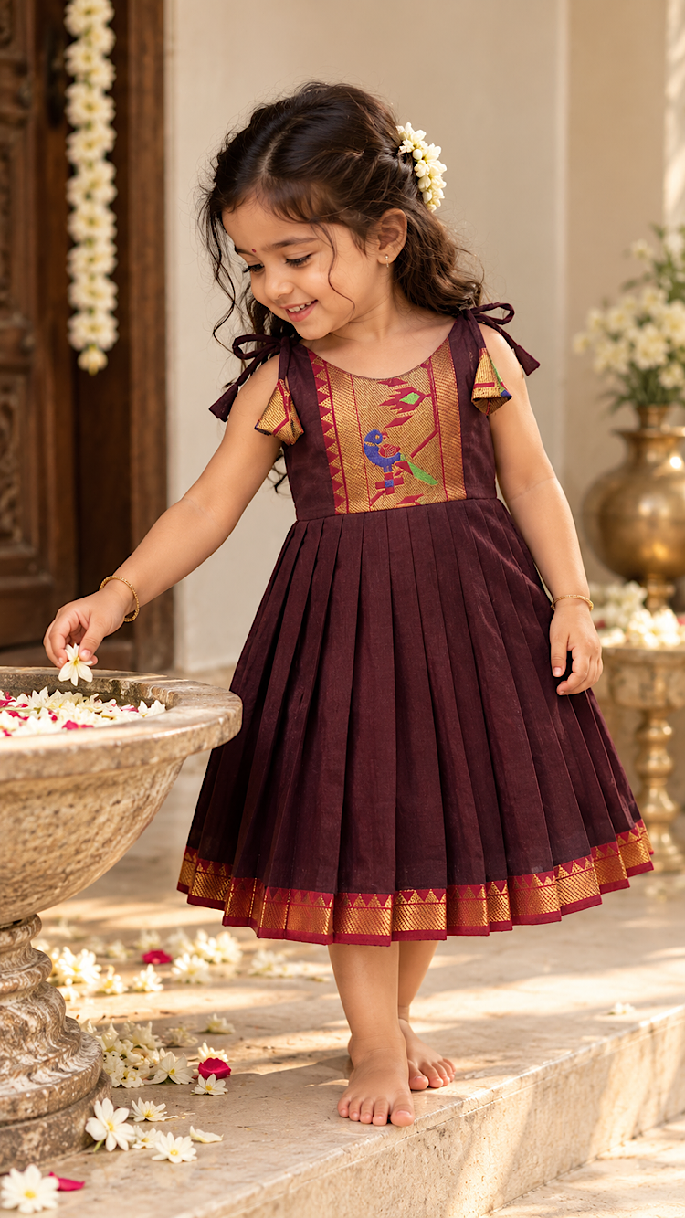 Brown paithani frock for girls featuring knife pleats and gold zari border