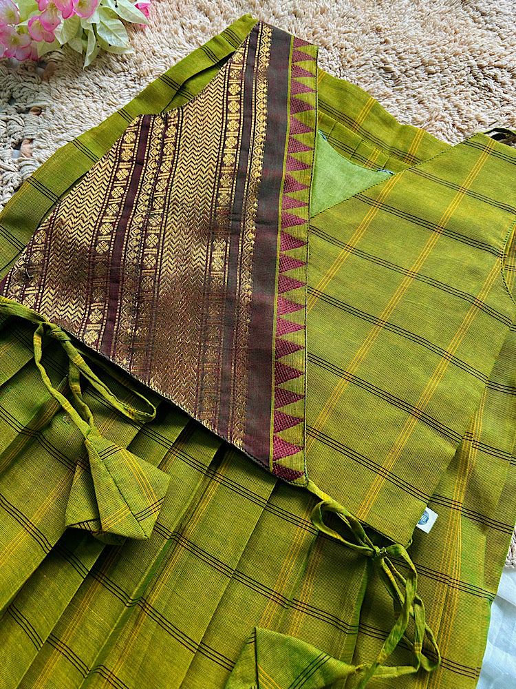 Detail of wrap top side ties and checked weave pattern