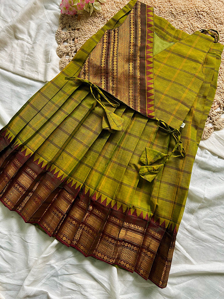Close up of green chettinad cotton wrap top with zari panel