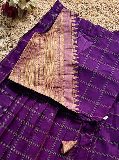 Close-up of violet wrap top with gold zari lapel from chettinad cotton pavadai set