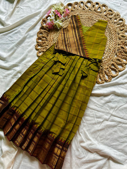 Full view of kids pattu pavadai with pleated skirt and temple border