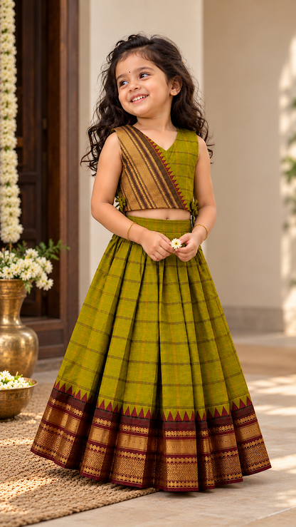 Green chettinad cotton pavadai sattai set with zari border