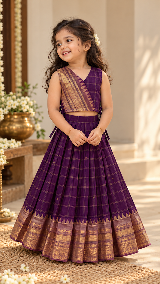 Young girl wearing violet chettinad cotton kids pattu pavadai set with gold zari border