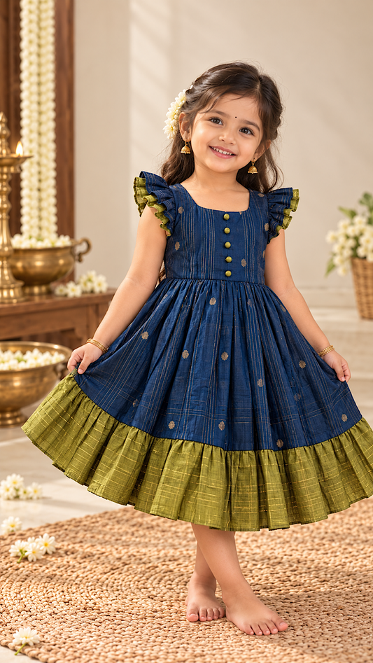 Bhargavi blue and green raw silk pattu frock for baby girl with zari weave