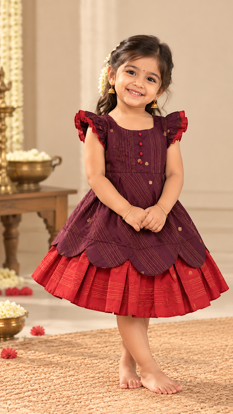 Coffee brown and rust orange pattu frock for baby girl with scalloped hem and gold zari work