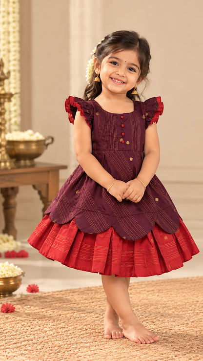 Coffee brown and rust orange pattu frock for baby girl with scalloped hem and gold zari work