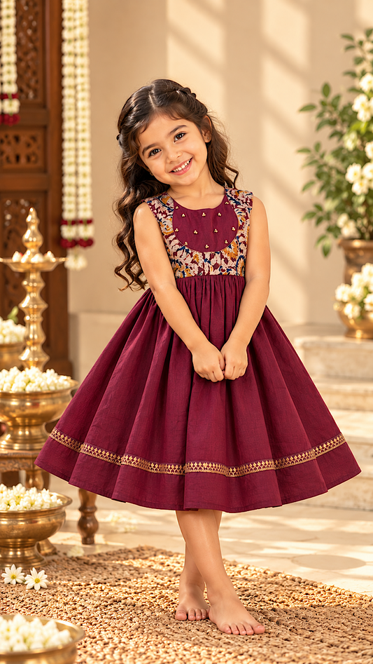 Maroon girls narayanpet cotton frock with kalamkari yoke and pleated skirt