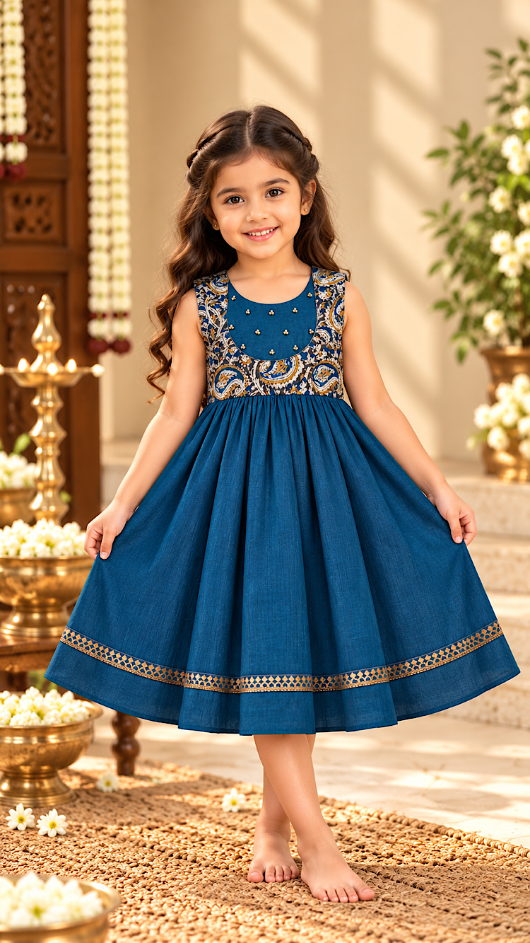 Peacock blue sleeveless narayanpet frock for girls with kalamkari printed yoke, gold bead accents, and zari border hem