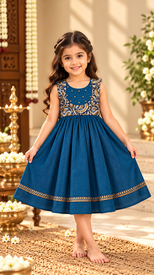 Peacock blue sleeveless narayanpet frock for girls with kalamkari printed yoke, gold bead accents, and zari border hem