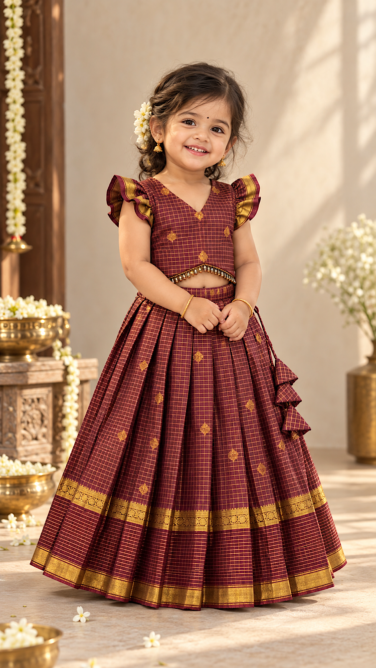 Coffee brown checks kids lehenga choli with ruffle sleeves, beaded crop top hemline, and pleated skirt with gold zari border