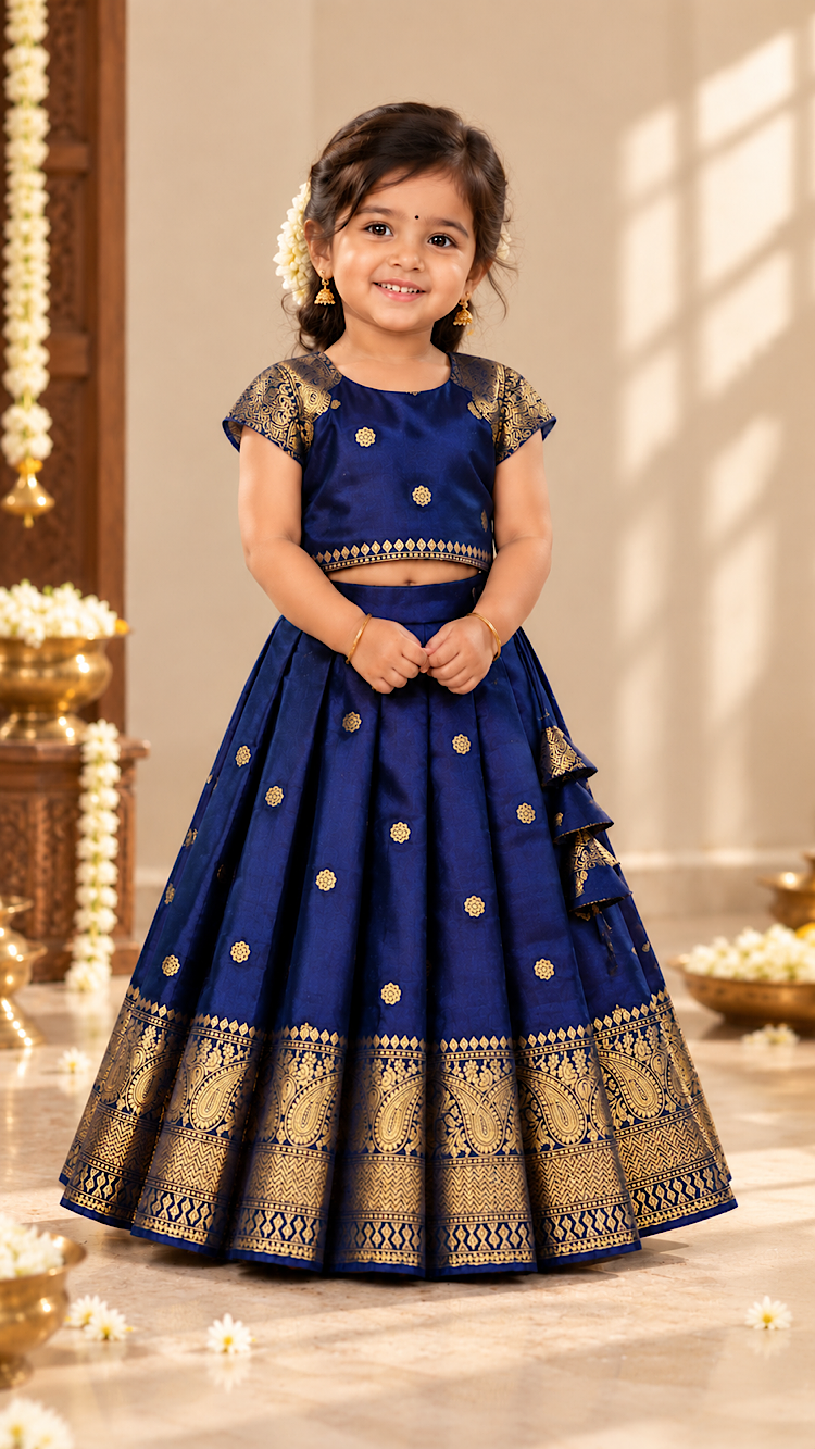 Royal blue kids pattu pavadai featuring gold zari woven motifs and traditional paisley border on the pleated skirt