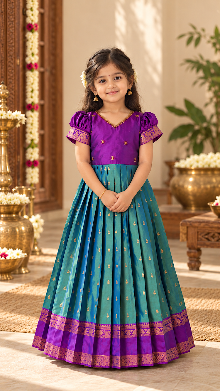 Violet puff sleeve and teal blue pleated silk kids ethnic dress with zari motifs