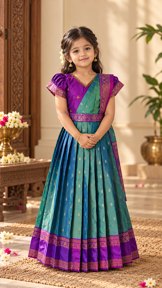 Teal blue and violet silk girls festive maxi dress styled with draped dupatta and zari border