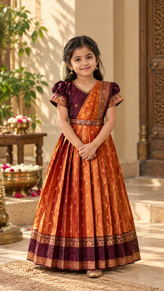 kids silk maxi dress - Girls festive dress in maroon and golden yellow silk styled with traditional half saree drape
